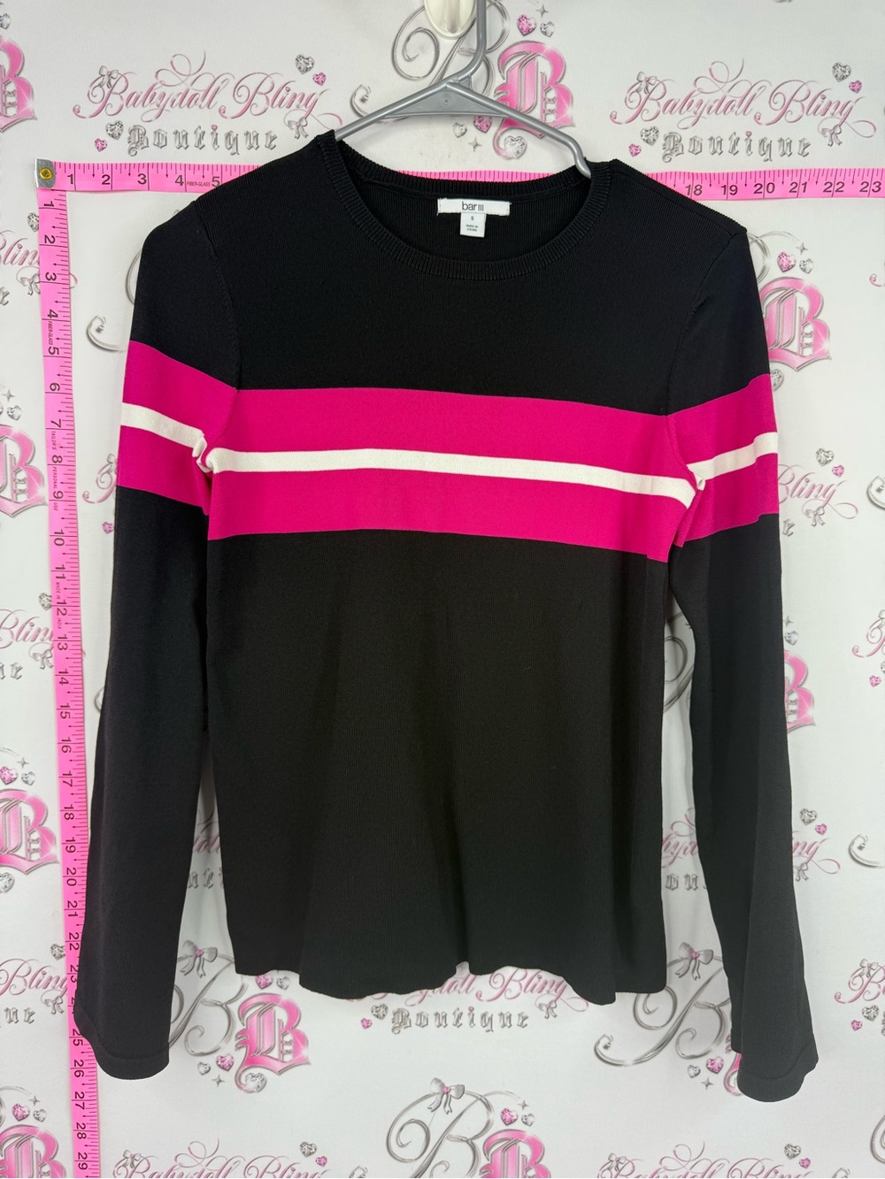 Bar III Black Long-Sleeve Top with Pink and White Chest Stripes